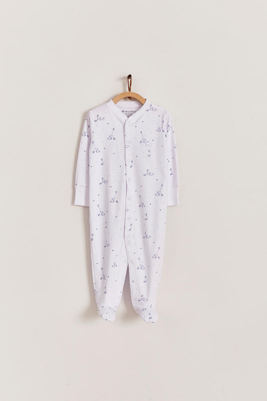 Super soft Pima cotton, long-sleeve, footed pyjama with full snap closure. The pyjama has delicate picot edging and it features our lovely Celine & Bernie print! In size NB, the cuffs give the option of making them mittens for the baby's first days, and can then be folded again. Colour: White with blue Composition: 100% Peruvian Pima Cotton.  Made in Peru. Machine washable. Safety warning: Keep away from fire.