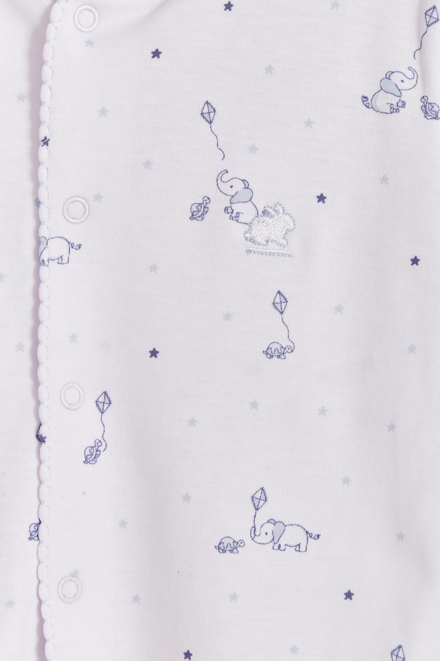 Super soft Pima cotton, long-sleeve, footed pyjama with full snap closure. The pyjama has delicate picot edging and it features our lovely Celine & Bernie print! In size NB, the cuffs give the option of making them mittens for the baby's first days, and can then be folded again. Colour: White with blue Composition: 100% Peruvian Pima Cotton.  Made in Peru. Machine washable. Safety warning: Keep away from fire.
