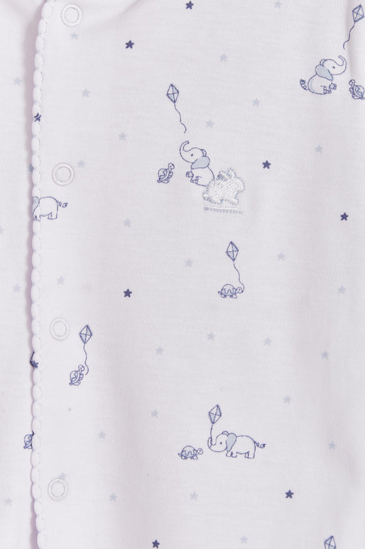 Super soft Pima cotton, long-sleeve, footed pyjama with full snap closure. The pyjama has delicate picot edging and it features our lovely Celine & Bernie print! In size NB, the cuffs give the option of making them mittens for the baby's first days, and can then be folded again. Colour: White with blue Composition: 100% Peruvian Pima Cotton.  Made in Peru. Machine washable. Safety warning: Keep away from fire.