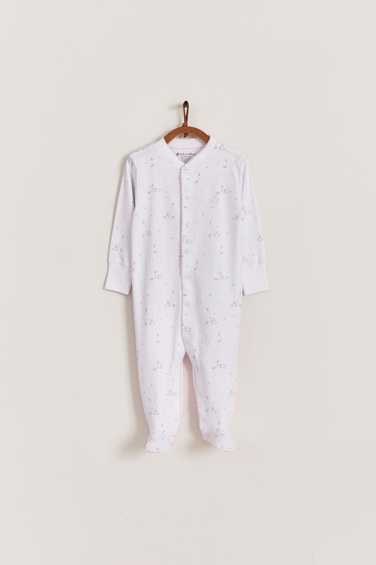 Super soft Pima cotton, long-sleeve, footed pyjama with full snap closure. The pyjama has delicate picot edging and it features our lovely Celine & Bernie print! In size NB, the cuffs give the option of making them mittens for the baby's first days, and can then be folded again. Colour: White with pink. Composition: 100% Peruvian Pima Cotton.  Made in Peru. Machine washable. Safety warning: Keep away from fire.