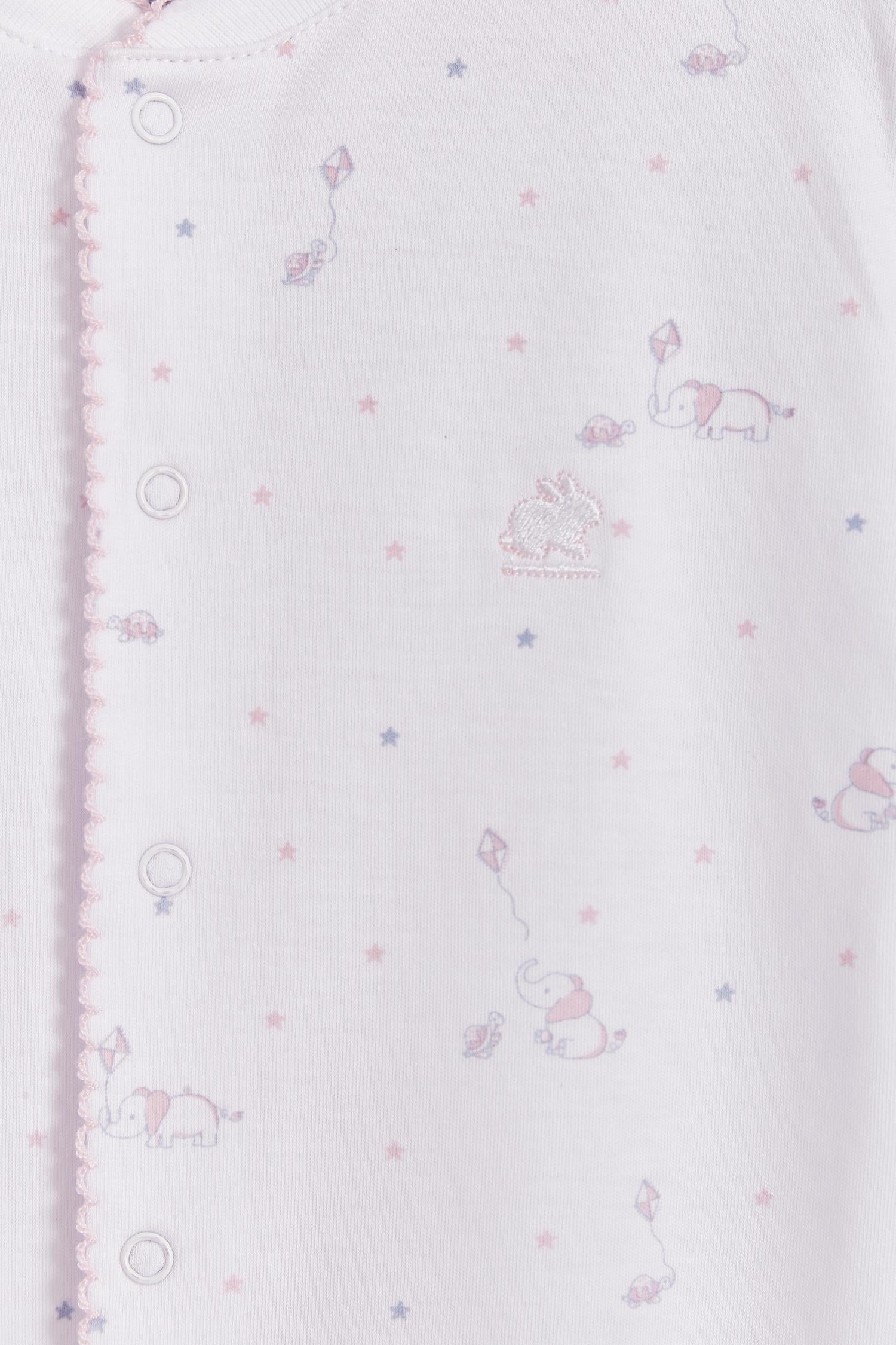 Super soft Pima cotton, long-sleeve, footed pyjama with full snap closure. The pyjama has delicate picot edging and it features our lovely Celine & Bernie print! In size NB, the cuffs give the option of making them mittens for the baby's first days, and can then be folded again. Colour: White with pink. Composition: 100% Peruvian Pima Cotton.  Made in Peru. Machine washable. Safety warning: Keep away from fire.