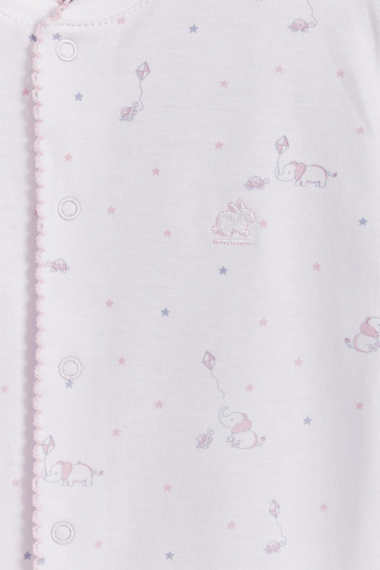 Super soft Pima cotton, long-sleeve, footed pyjama with full snap closure. The pyjama has delicate picot edging and it features our lovely Celine & Bernie print! In size NB, the cuffs give the option of making them mittens for the baby's first days, and can then be folded again. Colour: White with pink. Composition: 100% Peruvian Pima Cotton.  Made in Peru. Machine washable. Safety warning: Keep away from fire.