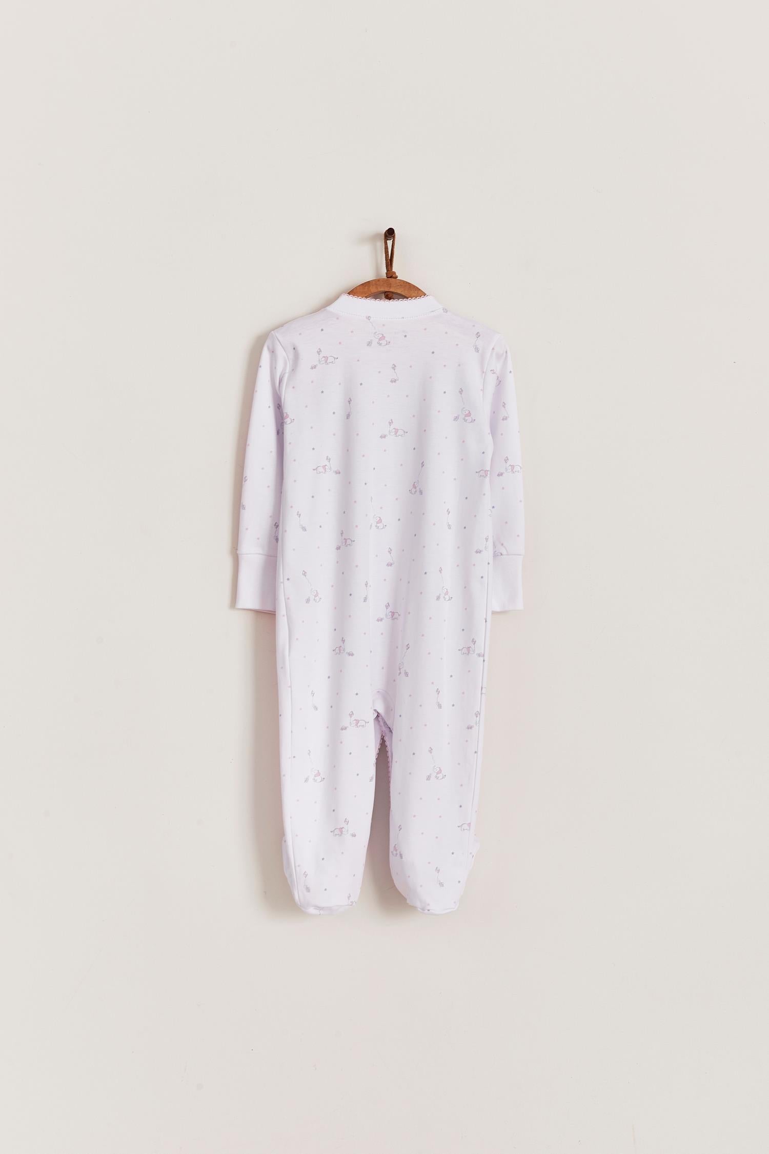 Super soft Pima cotton, long-sleeve, footed pyjama with full snap closure. The pyjama has delicate picot edging and it features our lovely Celine & Bernie print! In size NB, the cuffs give the option of making them mittens for the baby's first days, and can then be folded again. Colour: White with pink. Composition: 100% Peruvian Pima Cotton.  Made in Peru. Machine washable. Safety warning: Keep away from fire.