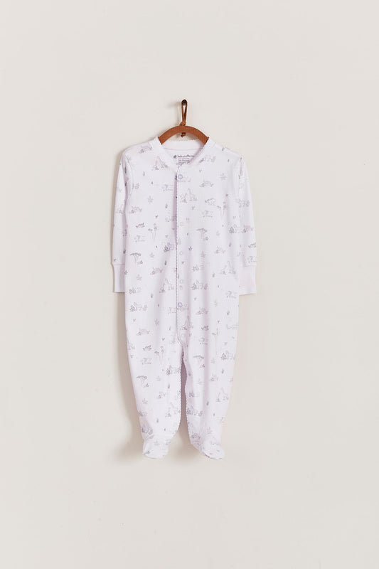 Super soft Pima cotton, long-sleeve, footed pyjama with full snap closure. The pyjama has delicate picot edging and it features our lovely Mini Safari print!  In size NB, the cuffs give the option of making them mittens for the baby's first days, and can then be folded again. Colour: White with light-blue and grey. Composition: 100% Peruvian Pima Cotton.  Made in Peru. Machine washable. Safety warning: Keep away from fire.