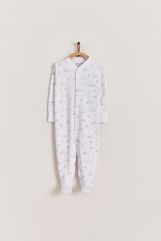Super soft Pima cotton, long-sleeve, footed pyjama with full snap closure. The pyjama has delicate picot edging and it features our lovely Mini Safari print!  In size NB, the cuffs give the option of making them mittens for the baby's first days, and can then be folded again. Colour: White with light-pink and grey. Composition: 100% Peruvian Pima Cotton.  Made in Peru. Machine washable. Safety warning: Keep away from fire.