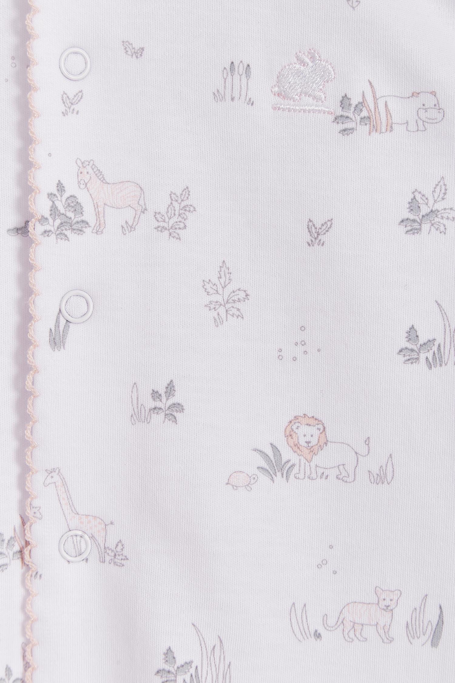 Super soft Pima cotton, long-sleeve, footed pyjama with full snap closure. The pyjama has delicate picot edging and it features our lovely Mini Safari print!  In size NB, the cuffs give the option of making them mittens for the baby's first days, and can then be folded again. Colour: White with light-pink and grey. Composition: 100% Peruvian Pima Cotton.  Made in Peru. Machine washable. Safety warning: Keep away from fire.