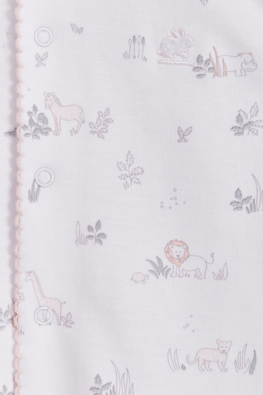 Super soft Pima cotton, long-sleeve, footed pyjama with full snap closure. The pyjama has delicate picot edging and it features our lovely Mini Safari print!  In size NB, the cuffs give the option of making them mittens for the baby's first days, and can then be folded again. Colour: White with light-pink and grey. Composition: 100% Peruvian Pima Cotton.  Made in Peru. Machine washable. Safety warning: Keep away from fire.