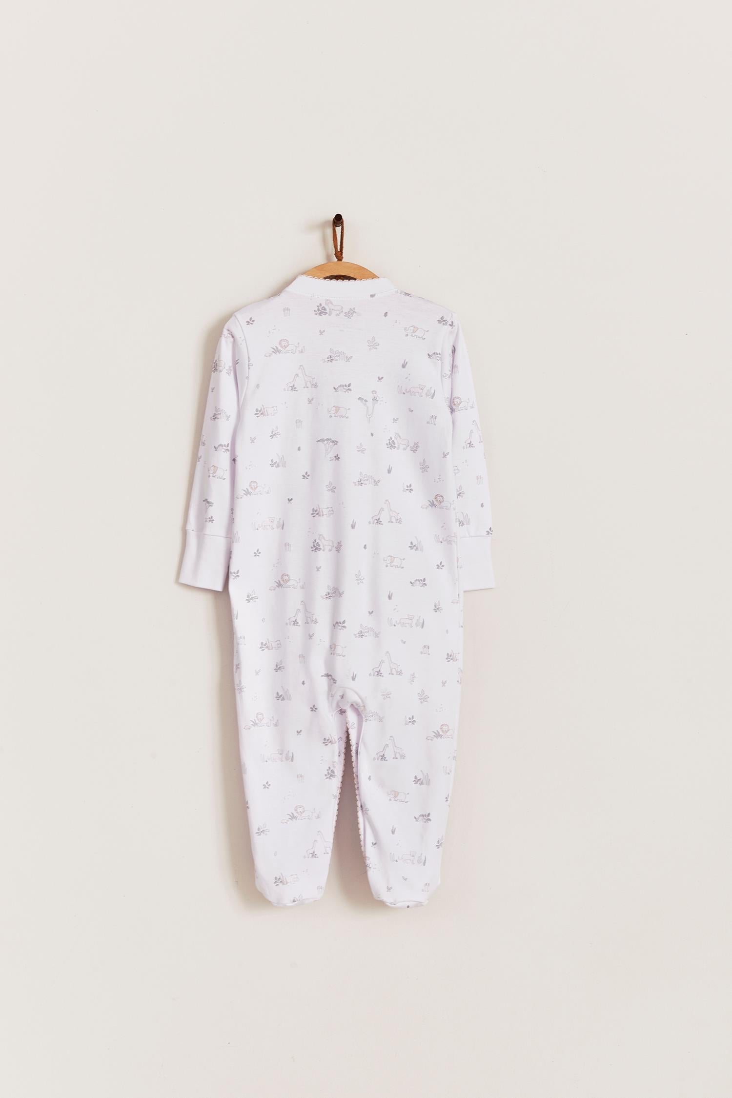 Super soft Pima cotton, long-sleeve, footed pyjama with full snap closure. The pyjama has delicate picot edging and it features our lovely Mini Safari print!  In size NB, the cuffs give the option of making them mittens for the baby's first days, and can then be folded again. Colour: White with light-pink and grey. Composition: 100% Peruvian Pima Cotton.  Made in Peru. Machine washable. Safety warning: Keep away from fire.