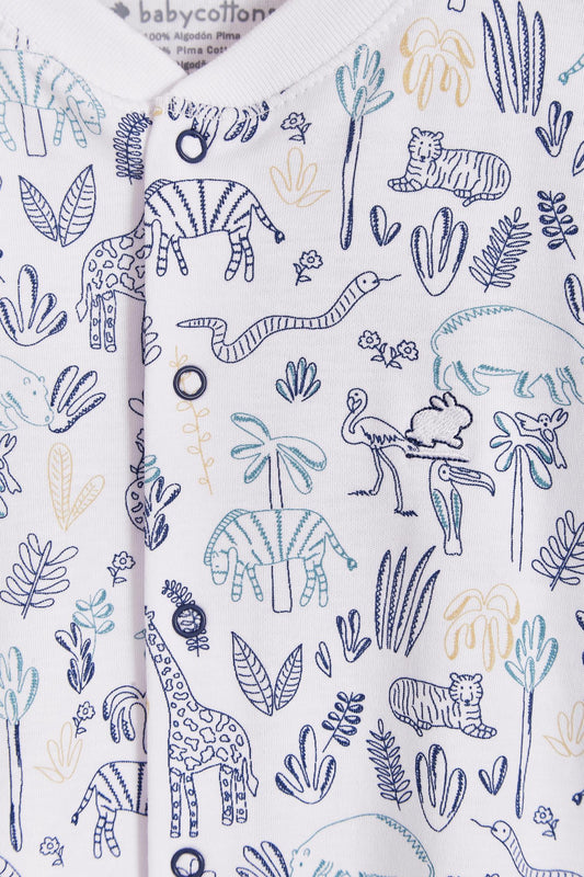 Super soft Pima cotton, long-sleeve, footed pyjama with full snap closure. The pyjama has delicate picot edging and it features an all over Safari print, very cool and fresh! Makes a lovely gift! Colour: White with blue. Composition: 100% Peruvian Pima Cotton.  Made in Peru. Machine washable. Safety warning: Keep away from fire.