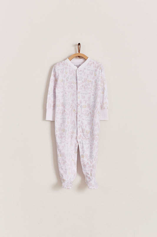 Super soft Pima cotton, long-sleeve, footed pyjama with full snap closure. The pyjama has delicate picot edging and it features an all over Safari print, very cool and fresh! In size NB, the cuffs give the option of making them mittens for the baby's first days, and can then be folded again. Colour: White with light-pink, grey and mustard. Composition: 100% Peruvian Pima Cotton.  Made in Peru. Machine washable. Safety warning: Keep away from fire.