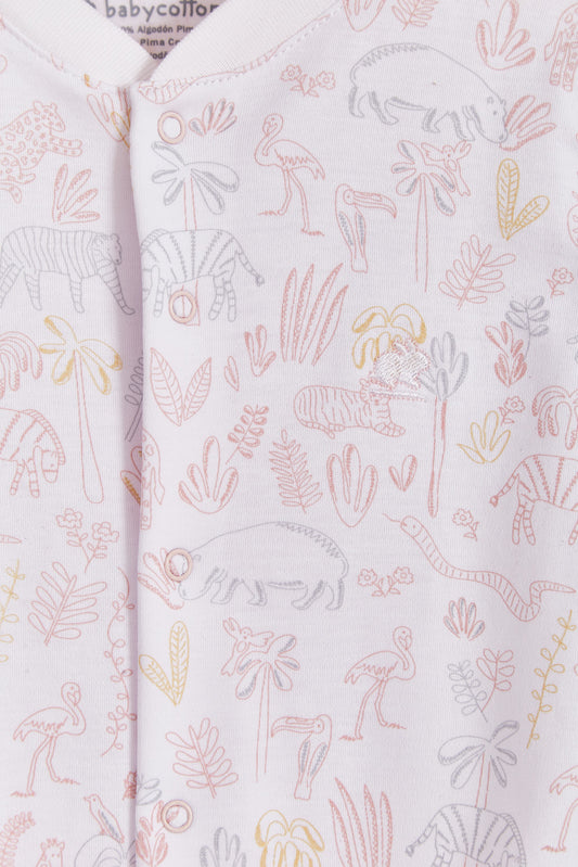 Super soft Pima cotton, long-sleeve, footed pyjama with full snap closure. The pyjama has delicate picot edging and it features an all over Safari print, very cool and fresh! In size NB, the cuffs give the option of making them mittens for the baby's first days, and can then be folded again. Colour: White with light-pink, grey and mustard. Composition: 100% Peruvian Pima Cotton.  Made in Peru. Machine washable. Safety warning: Keep away from fire.