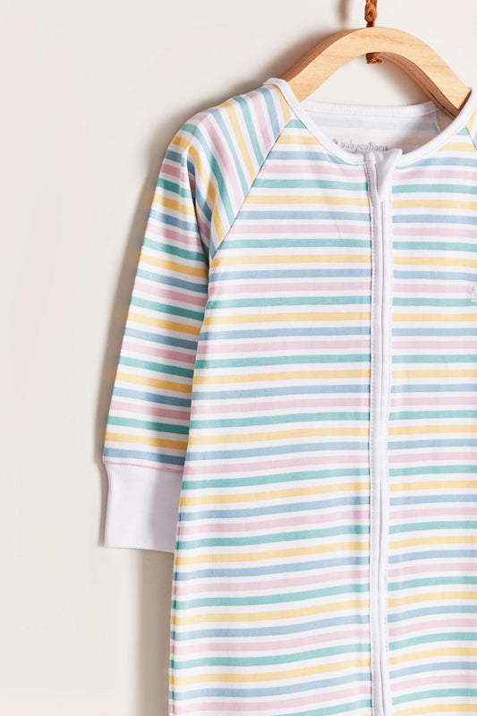 Rainbow Stripes is super cute pyjama full of colours!  Your little one can grow with it and wear it for a longest time. With zipper added for more comfort and practicality. Starting in 12 months all our footies are snug fit. Colour: White with yellow, green and pink stripes. Composition: 100% Peruvian Pima Cotton.  Made in Peru. Machine washable. Safety warning: Keep away from fire.