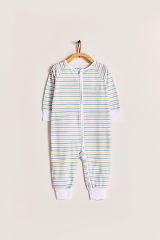 Rainbow Stripes is super cute pyjama full of colours!  Your little one can grow with it and wear it for a longest time. With zipper added for more comfort and practicality. Starting in 12 months all our footies are snug fit. Colour: White with yellow, green and pink stripes. Composition: 100% Peruvian Pima Cotton.  Made in Peru. Machine washable. Safety warning: Keep away from fire.