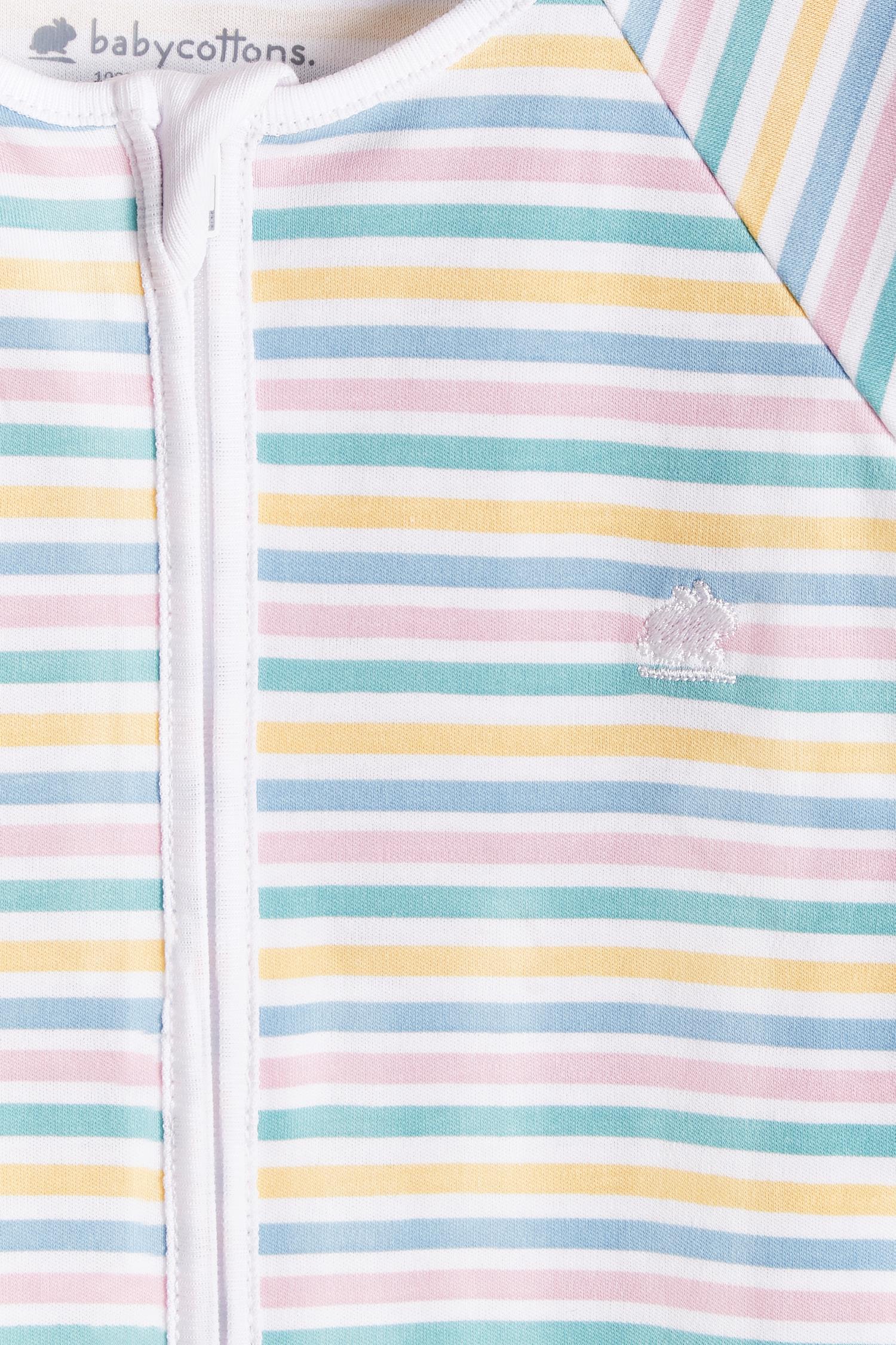 Rainbow Stripes is super cute pyjama full of colours!  Your little one can grow with it and wear it for a longest time. With zipper added for more comfort and practicality. Starting in 12 months all our footies are snug fit. Colour: White with yellow, green and pink stripes. Composition: 100% Peruvian Pima Cotton.  Made in Peru. Machine washable. Safety warning: Keep away from fire.