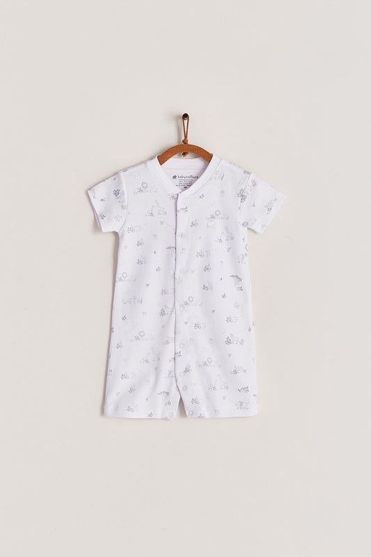 Comfy, cute and super soft, this Mini Safari short romper is the perfect addition to your baby's wardrobe. Very versatile, the romper is perfect for playtime and nap-time! With full snap closure make it super easy to slip on. Match it with our Safari collection to make the perfect gift! Colour: White with grey and light-blue details Composition: 100% Peruvian Pima Cotton.  Made in Peru. Machine washable. Safety warning: Keep away from fire.
