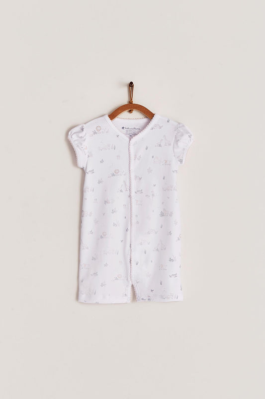 Comfy, cute and super soft, this Mini Safari short romper is the perfect addition to your baby's spring/summer wardrobe. Very versatile, the romper is perfect for playtime and nap-time! With full snap closure make it super easy to slip on. Match it with our Safari collection to make the perfect gift! Colour: White with grey and pink details. Composition: 100% Peruvian Pima Cotton.  Made in Peru. Machine washable. Safety warning: Keep away from fire.