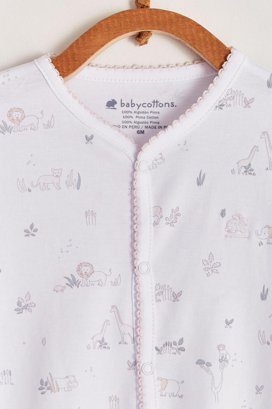 Comfy, cute and super soft, this Mini Safari short romper is the perfect addition to your baby's spring/summer wardrobe. Very versatile, the romper is perfect for playtime and nap-time! With full snap closure make it super easy to slip on. Match it with our Safari collection to make the perfect gift! Colour: White with grey and pink details. Composition: 100% Peruvian Pima Cotton.  Made in Peru. Machine washable. Safety warning: Keep away from fire.