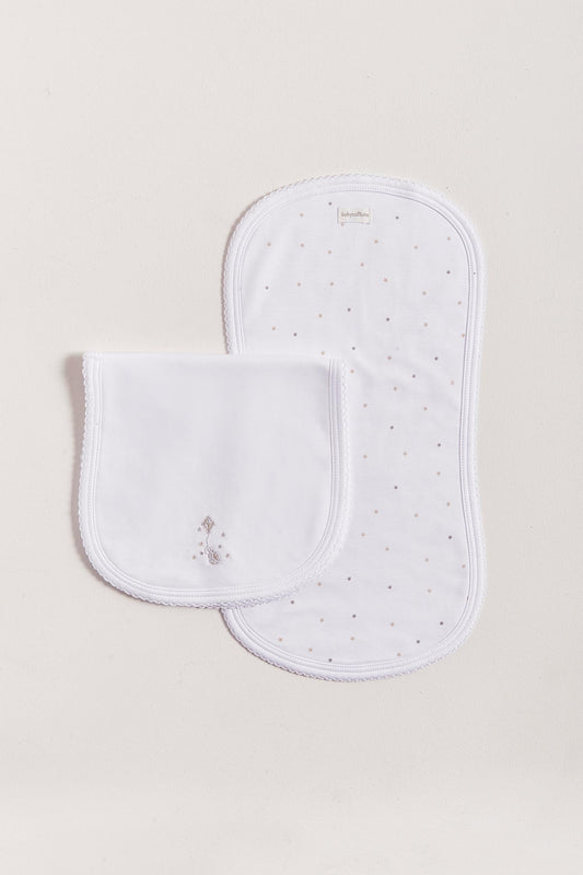 Protect your clothes after feeding with this set of two cute and ultra soft burp clothes!  Two Pima cotton burp clothes of approx. 18 cm x 36 cm, one with our Night Stars full print and the other one plain white with an embroidered turtle enjoying around the stars.  Reverse side has absorbent towel for extra comfort. This product is a MUST have! Composition: 100% Pima Cotton.  Made in Peru.  Machine washable.