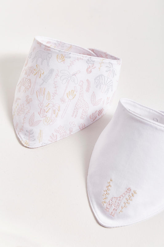 This set of 2 bandana style bibs is perfect to fit your baby from 0 to 6 months. It not only helps to keep teething baby dry and neat, but is also versatile enough for any daily outfit. One comes with an embroidered giraffe and the second one comes with full print of the collection The reverse side has an absorbent towel for an extra comfort. Composition: 100% Peruvian Pima Cotton.  Made in Peru.  Machine washable. 