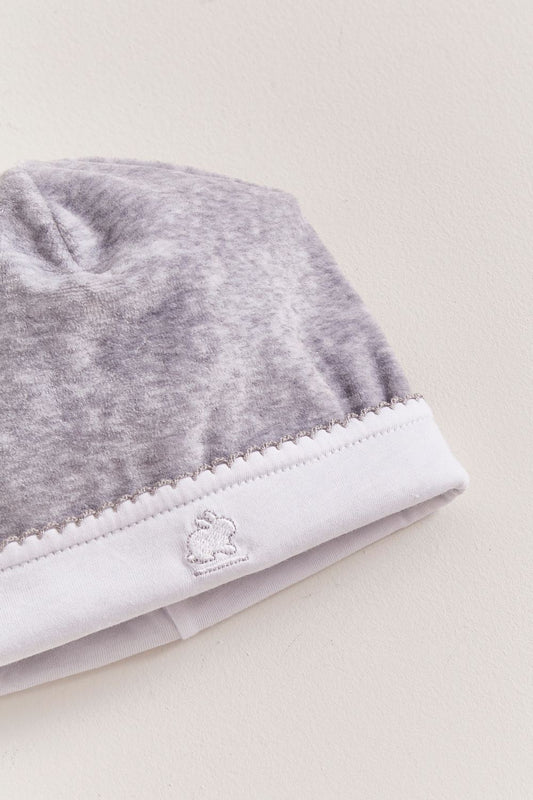 Soft plush grey fabric that keeps your little one comfortable and warm.  Embroidered logo. A perfect beanie for those chilly nights!