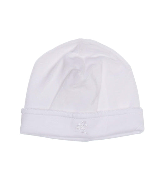 Soft plush white fabric that keeps your little one comfortable and warm.  Embroidered logo. A perfect beanie for those chilly nights!