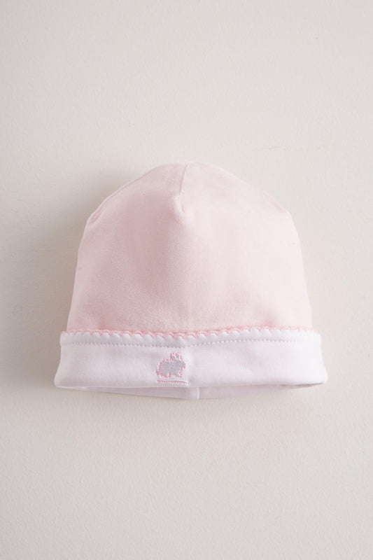 Soft plush pink fabric that keeps your little one comfortable and warm.  Embroidered logo. A perfect beanie for those chilly nights!