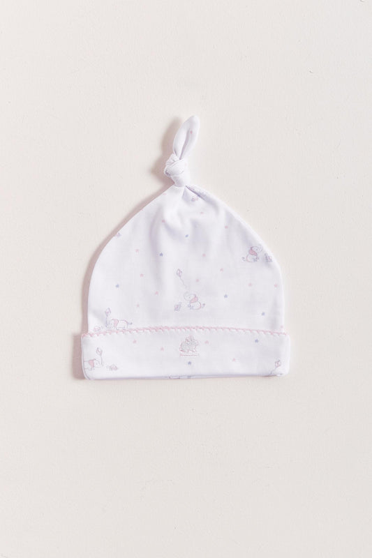 Made with the softest Pima cotton, this hat is a perfect addition to your newborn’s wardrobe.  The lightweight fitted hat will keep your little one comfy and warm.  This knot beanie features a cute print that matches perfectly with our Celine & Bernie collection. Composition: 100% Peruvian Pima Cotton.  Made in Peru. Machine washable.    