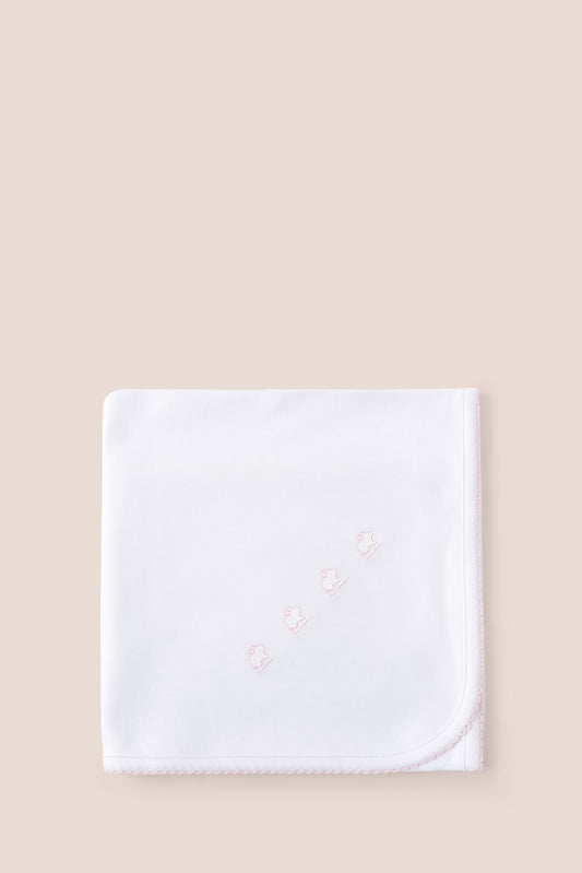 Our plain blanket in double pima cotton is pure quality and durability and whelp keeping your baby's temperature regular! Use it to lay over baby in your arms, in the pram or in the cot. It makes a great gift idea for a new baby or baby shower while combined with our softest pyjamas. Choose from a beautiful array of classic colours: light-blue and white, pink and white or all white. Features our lovely logo embroidered on one side and a delicate picot finish on the edge. Measures: 73 cm x 69 cm