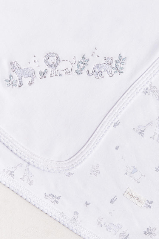 Crafted from super soft cotton, this receiving blanket makes babies first months extra cozy.  This two sided blanket features a sleek white finish with embroidered jungle animals, while the order side comes with a full print of our Mini Safari collection.  Approximate measurements: 100 cm x 100 cm Composition: 100% Pima Cotton.  Made in Peru.  Machine washable. 