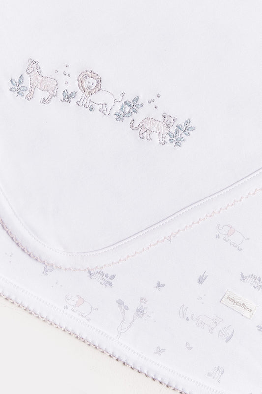 Crafted from super soft cotton, this receiving blanket makes babies first months extra cozy.  This two sided blanket features a sleek white finish with embroidered jungle animals, while the order side comes with a full print of our Mini Safari collection. Approximate measurements: 100 cm x 100 cm Composition: 100% Pima Cotton.  Made in Peru.  Machine washable. 